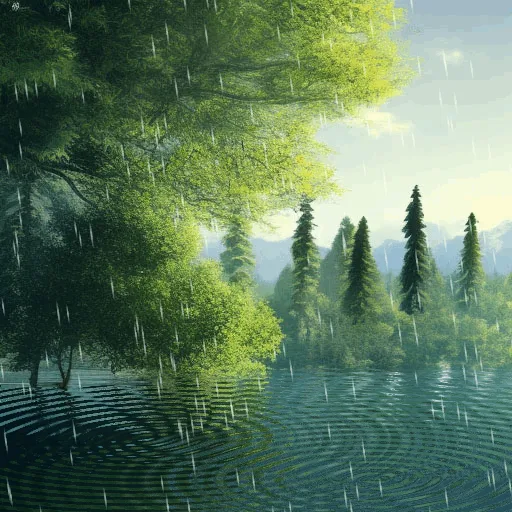 Exempel bild för WEBP med grönt landskap, sjö och regn
