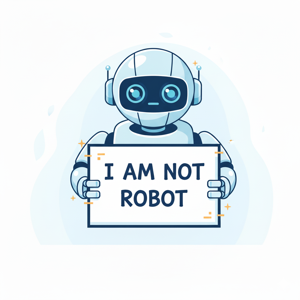 illustration på robot med skylt att hen inte är en robot