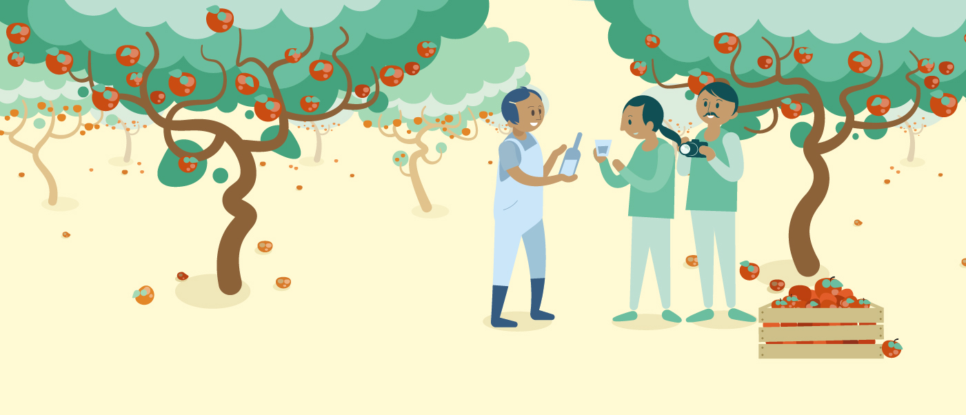 Illustration  med människor under äppelträd