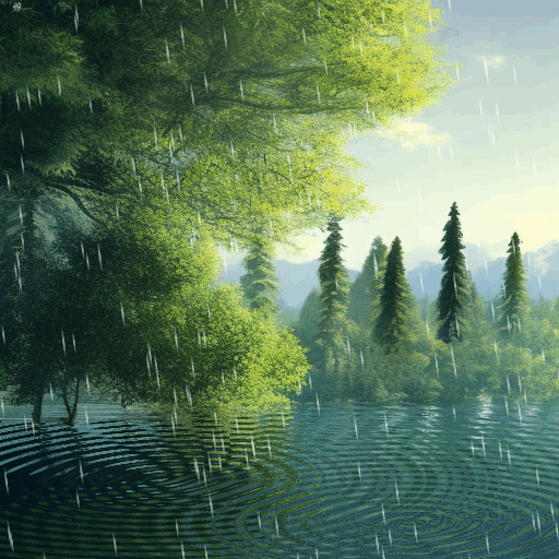 Exempel bild för jpeg/jpg med grönt landskap, sjö och regn