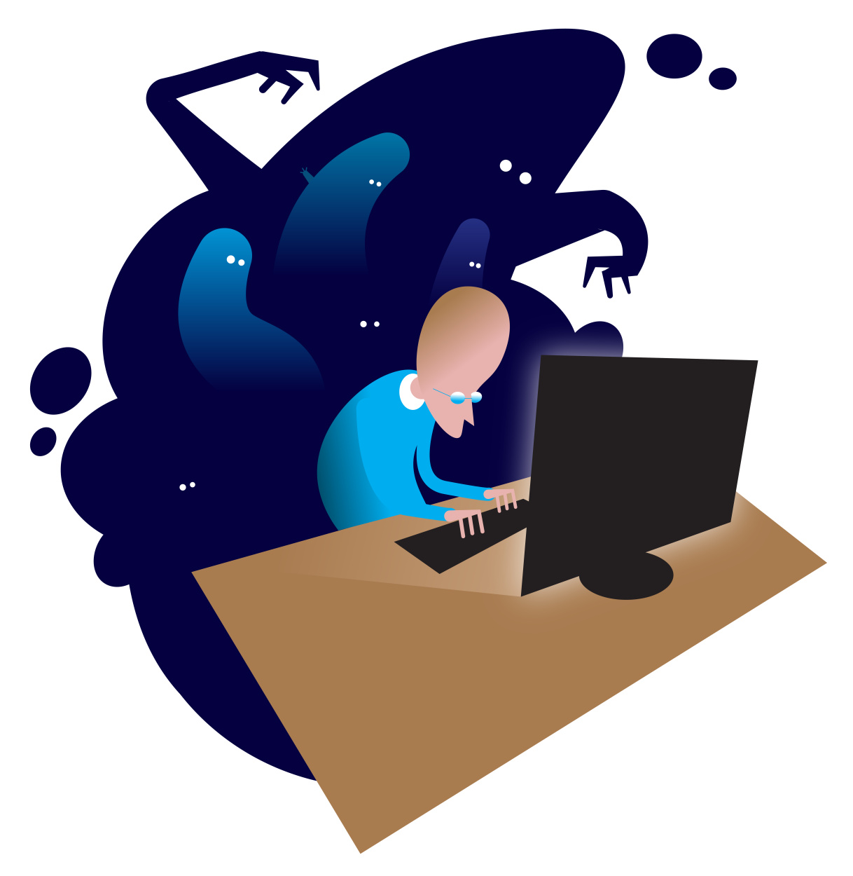 omnius shadows behind a person sitting at a desk