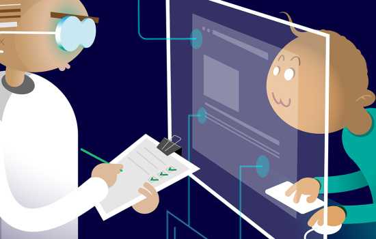 illustration med forskare och person som sitter vid dator