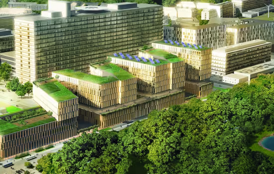 Vy över stadsmiljö med hus och parker