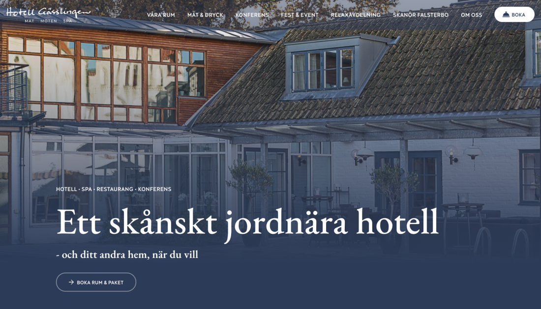 hotell gässlingens webbsida med texten ett skånskt jordnära hotell
